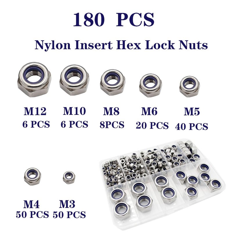 STORMCUBE 180 pcs Nylon Insert Hex Lock Nuts M3 M4 M5 M6 M8 M10 M12 Assortment Kit 304 Stainless Steel DIN985 Self-Locking Nylon Lock Nuts Plain Finish for Industrial Construction Fasteners - Image 2